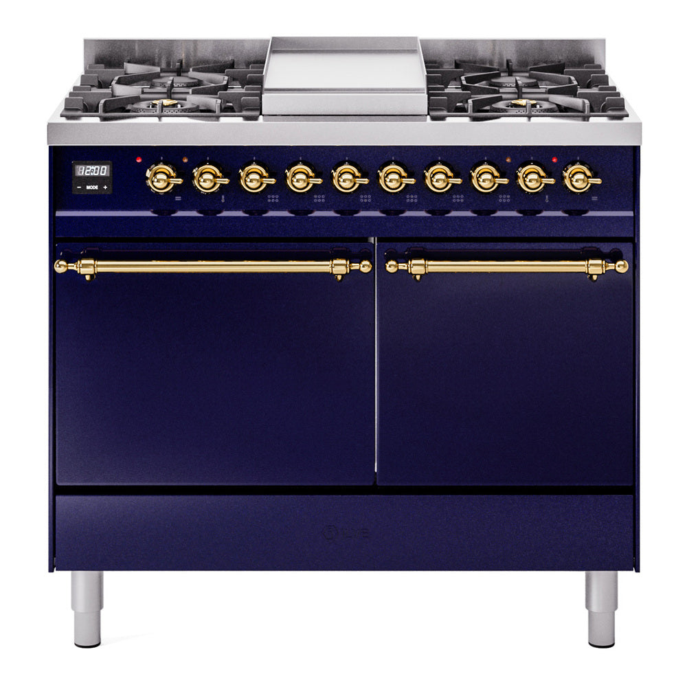 ILVE Nostalgie II 40" Dual Fuel Range with 6 Sealed Burners + Griddle Solid Door UPD40FQNMP
