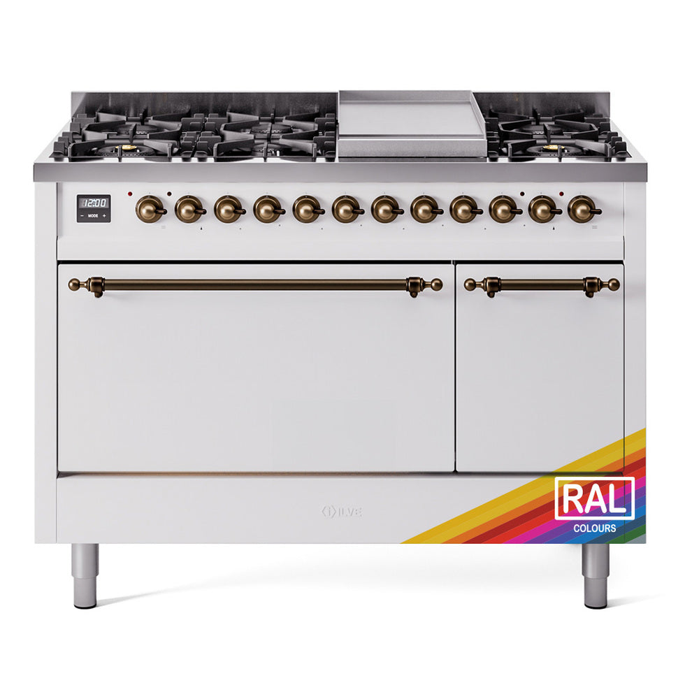 ILVE Nostalgie II 48" Dual Fuel Range with 8 Sealed Burners + Griddle Solid Door UP48FQNMP