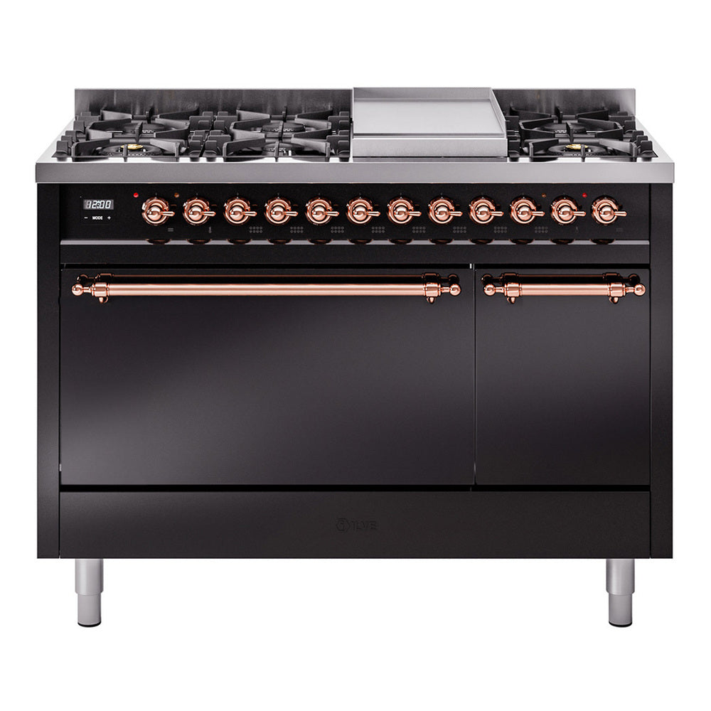 ILVE Nostalgie II 48" Dual Fuel Range with 8 Sealed Burners + Griddle Solid Door UP48FQNMP