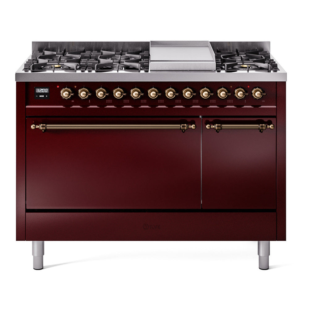 ILVE Nostalgie II 48" Dual Fuel Range with 8 Sealed Burners + Griddle Solid Door UP48FQNMP
