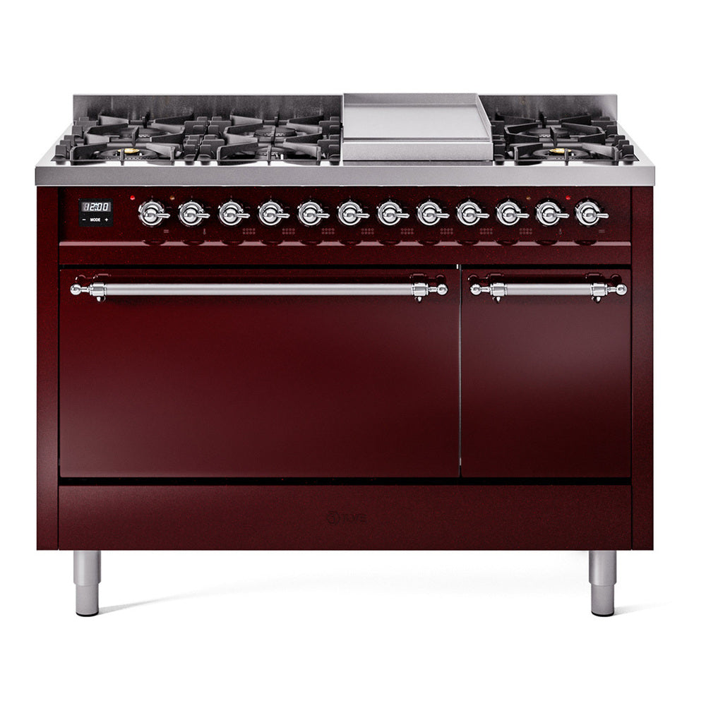 ILVE Nostalgie II 48" Dual Fuel Range with 8 Sealed Burners + Griddle Solid Door UP48FQNMP