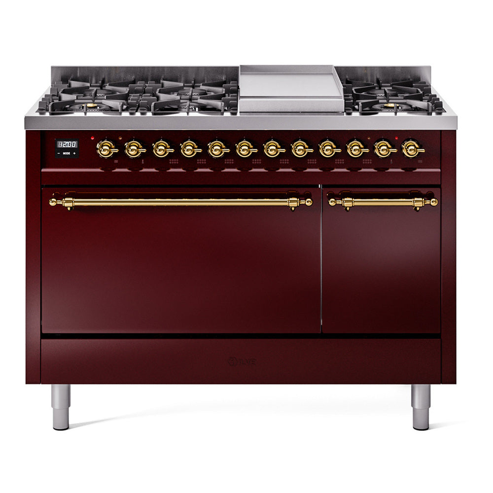 ILVE Nostalgie II 48" Dual Fuel Range with 8 Sealed Burners + Griddle Solid Door UP48FQNMP