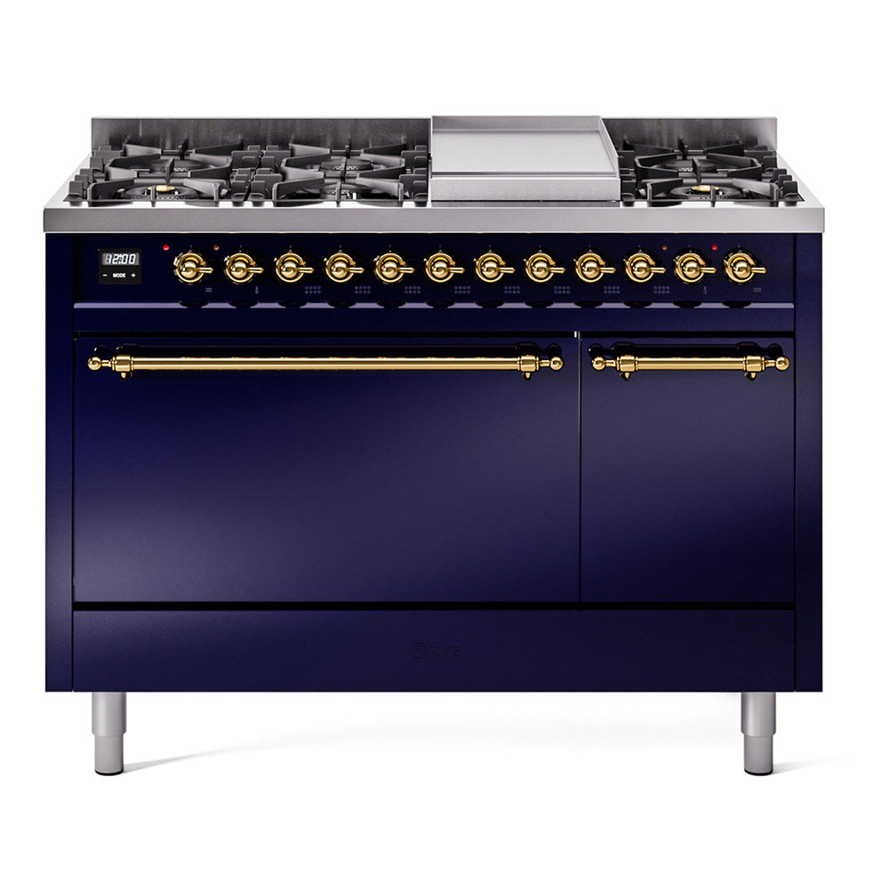 ILVE Nostalgie II 48" Dual Fuel Range with 8 Sealed Burners + Griddle Solid Door UP48FQNMP