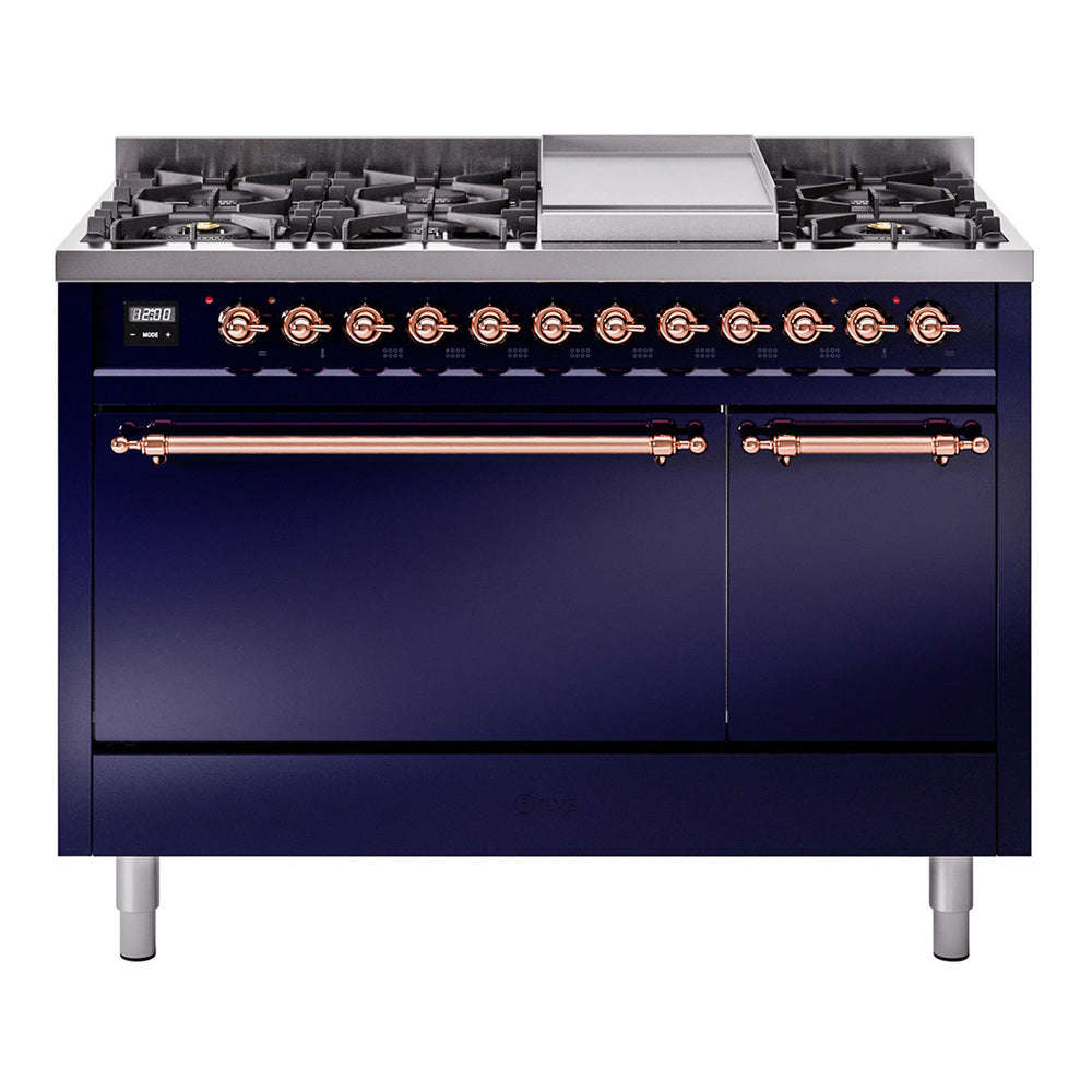 ILVE Nostalgie II 48" Dual Fuel Range with 8 Sealed Burners + Griddle Solid Door UP48FQNMP