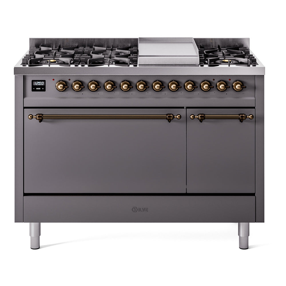 ILVE Nostalgie II 48" Dual Fuel Range with 8 Sealed Burners + Griddle Solid Door UP48FQNMP
