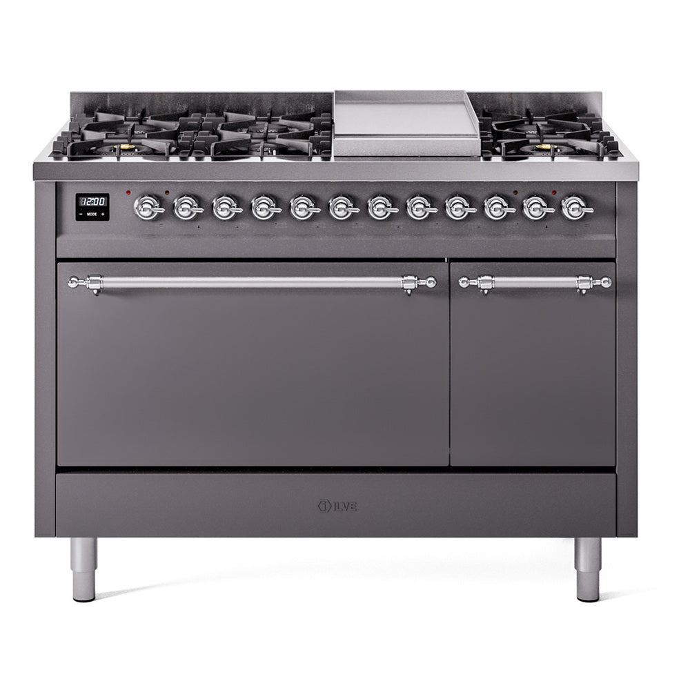 ILVE Nostalgie II 48" Dual Fuel Range with 8 Sealed Burners + Griddle Solid Door UP48FQNMP