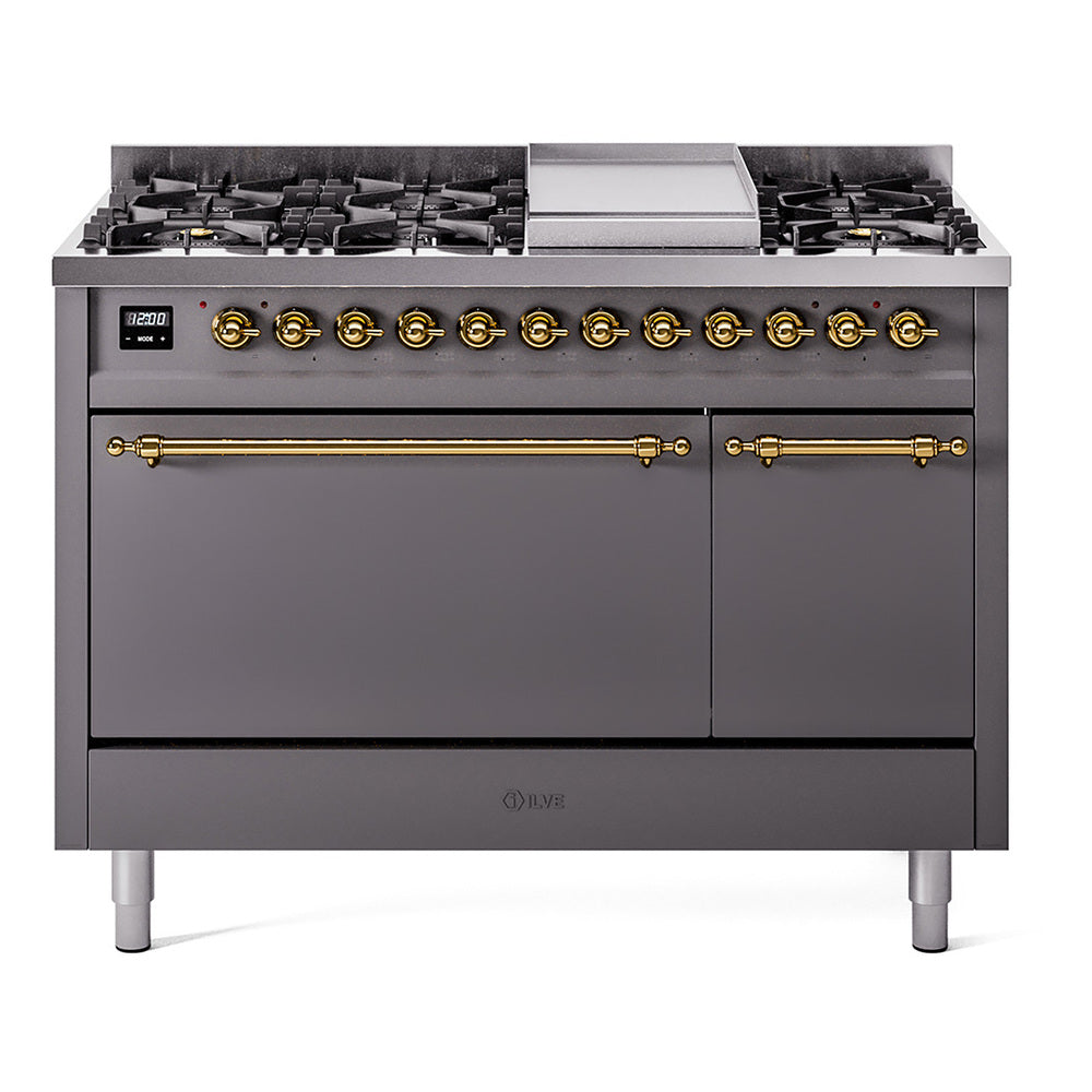 ILVE Nostalgie II 48" Dual Fuel Range with 8 Sealed Burners + Griddle Solid Door UP48FQNMP