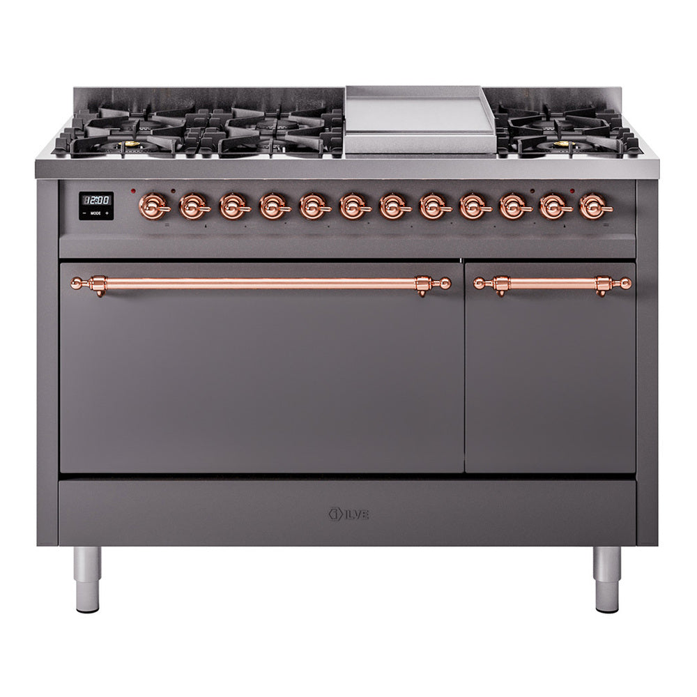 ILVE Nostalgie II 48" Dual Fuel Range with 8 Sealed Burners + Griddle Solid Door UP48FQNMP