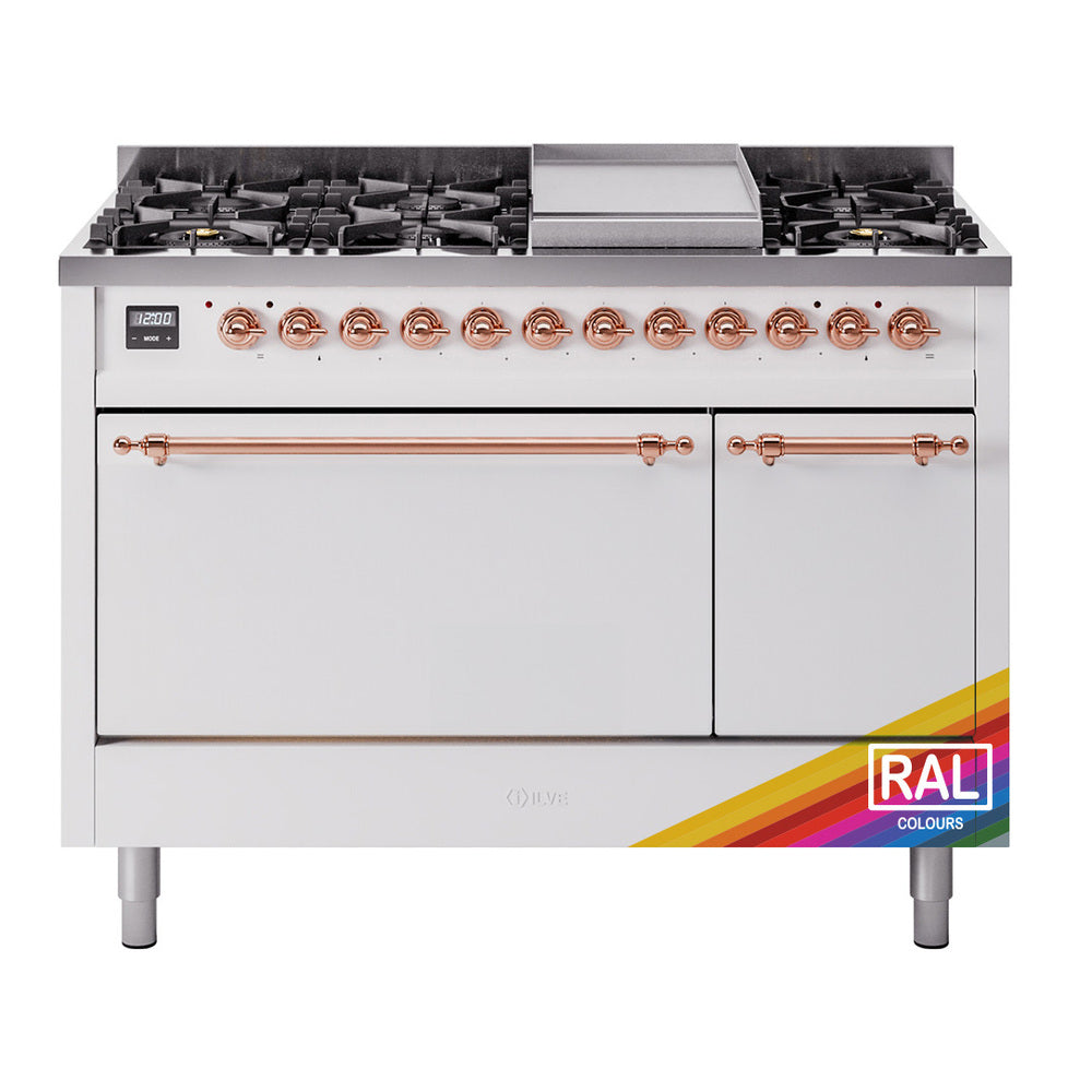 ILVE Nostalgie II 48" Dual Fuel Range with 8 Sealed Burners + Griddle Solid Door UP48FQNMP