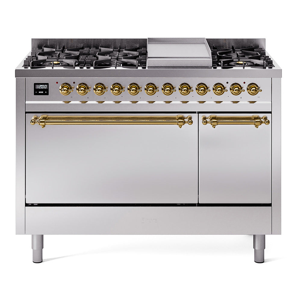 ILVE Nostalgie II 48" Dual Fuel Range with 8 Sealed Burners + Griddle Solid Door UP48FQNMP