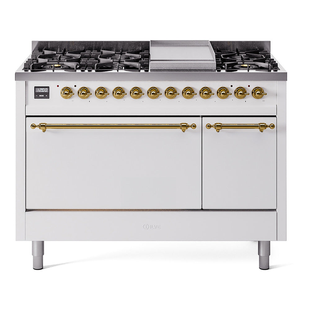 ILVE Nostalgie II 48" Dual Fuel Range with 8 Sealed Burners + Griddle Solid Door UP48FQNMP