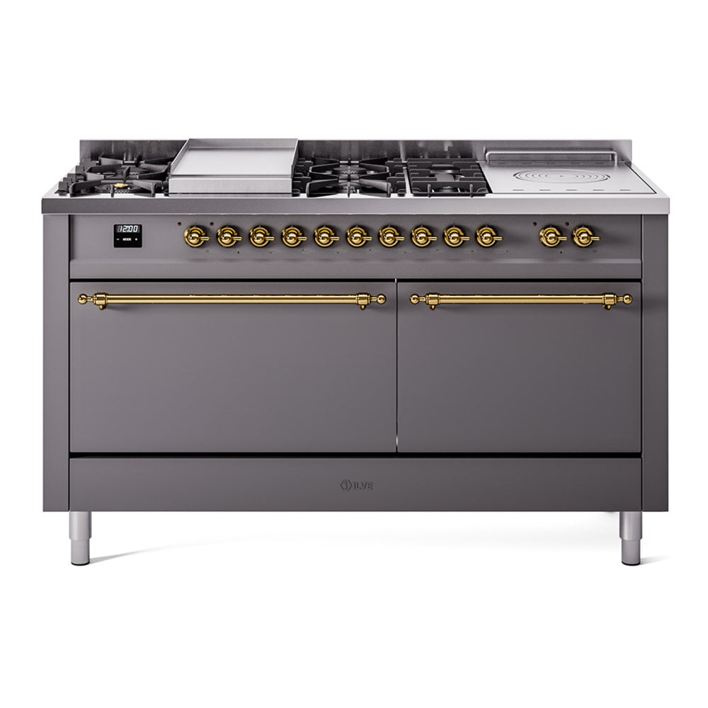 ILVE Nostalgie II 60" Dual Fuel Range with 7 Sealed Burners + Griddle + French Top Solid Door UP60FSQNMP