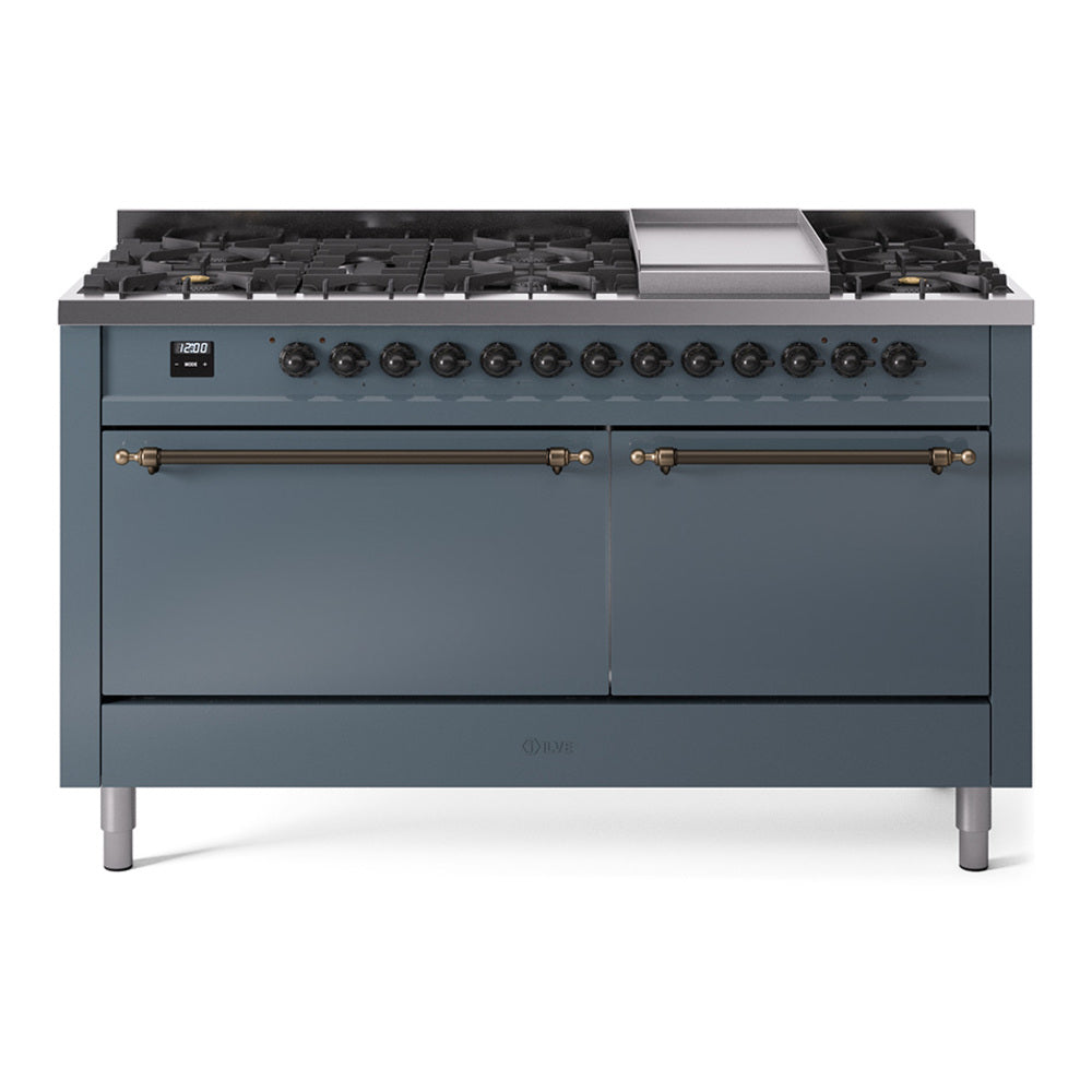 ILVE Nostalgie II 60" Dual Fuel Range with 9 Sealed Burners + Griddle Solid Door UP60FQNMP
