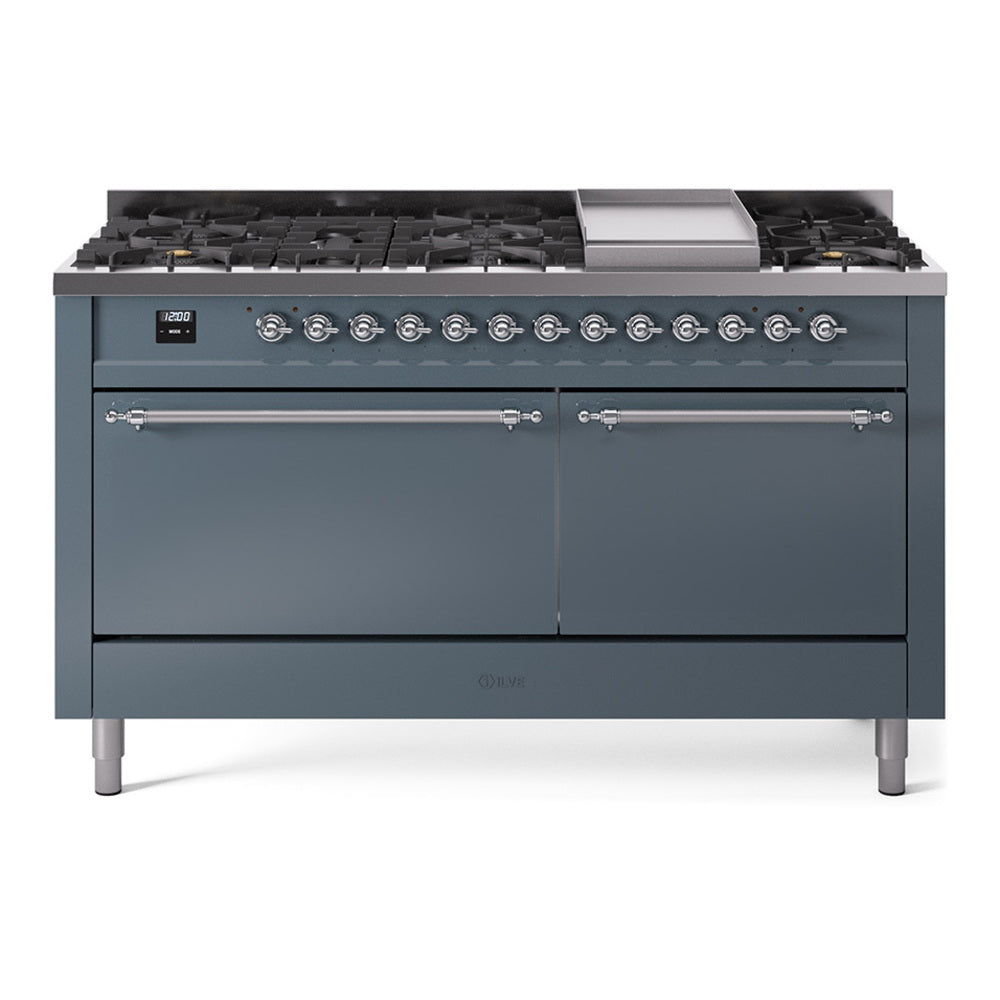 ILVE Nostalgie II 60" Dual Fuel Range with 9 Sealed Burners + Griddle Solid Door UP60FQNMP