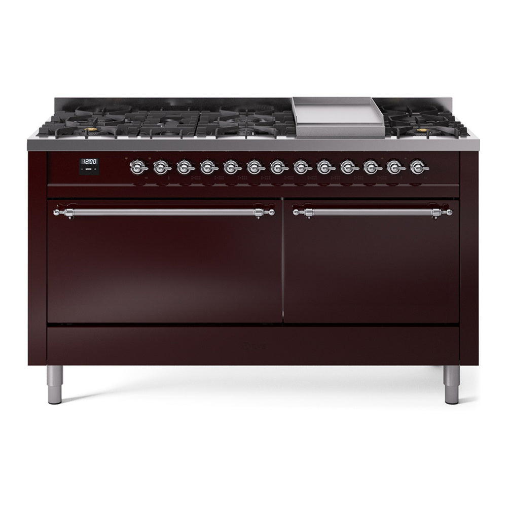ILVE Nostalgie II 60" Dual Fuel Range with 9 Sealed Burners + Griddle Solid Door UP60FQNMP