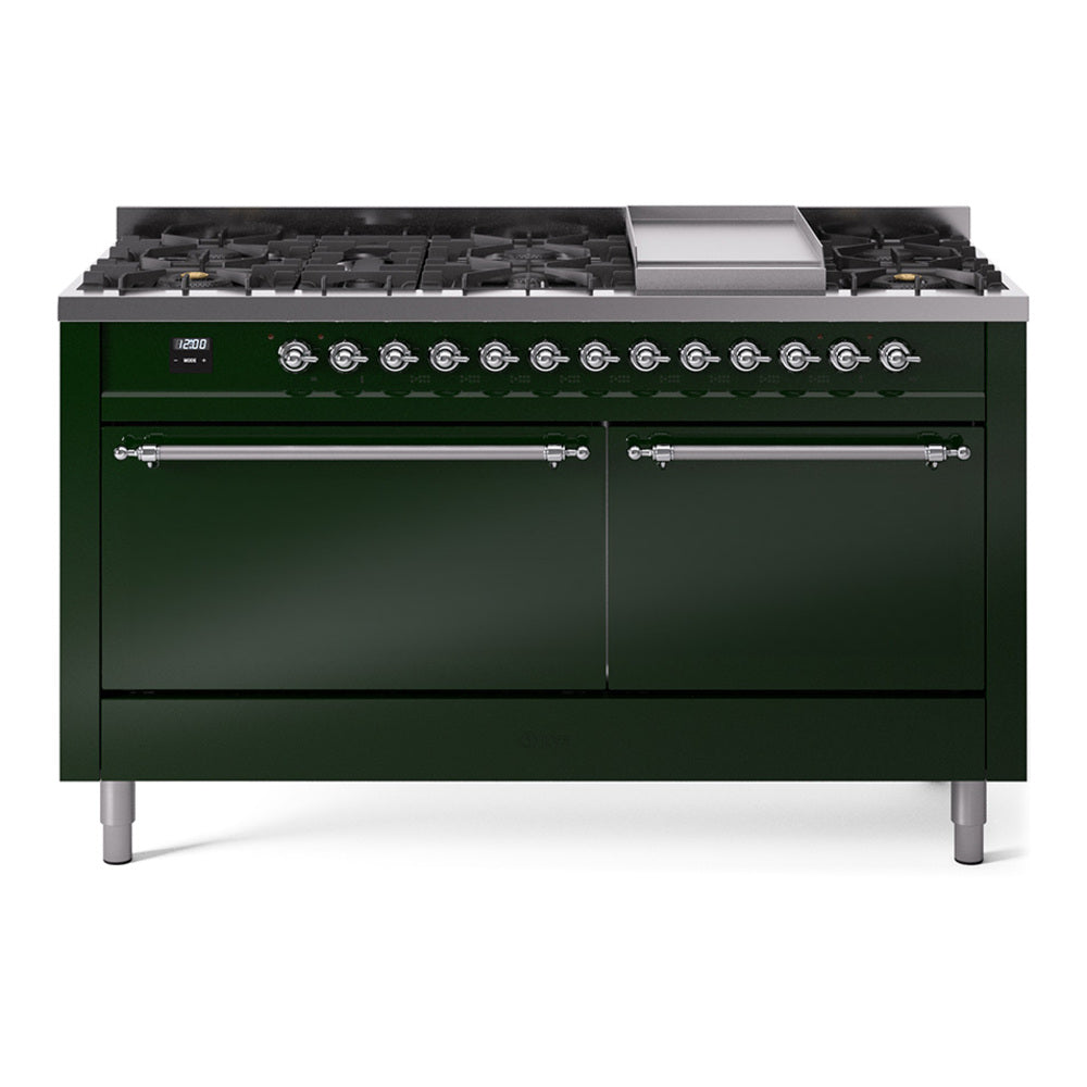 ILVE Nostalgie II 60" Dual Fuel Range with 9 Sealed Burners + Griddle Solid Door UP60FQNMP