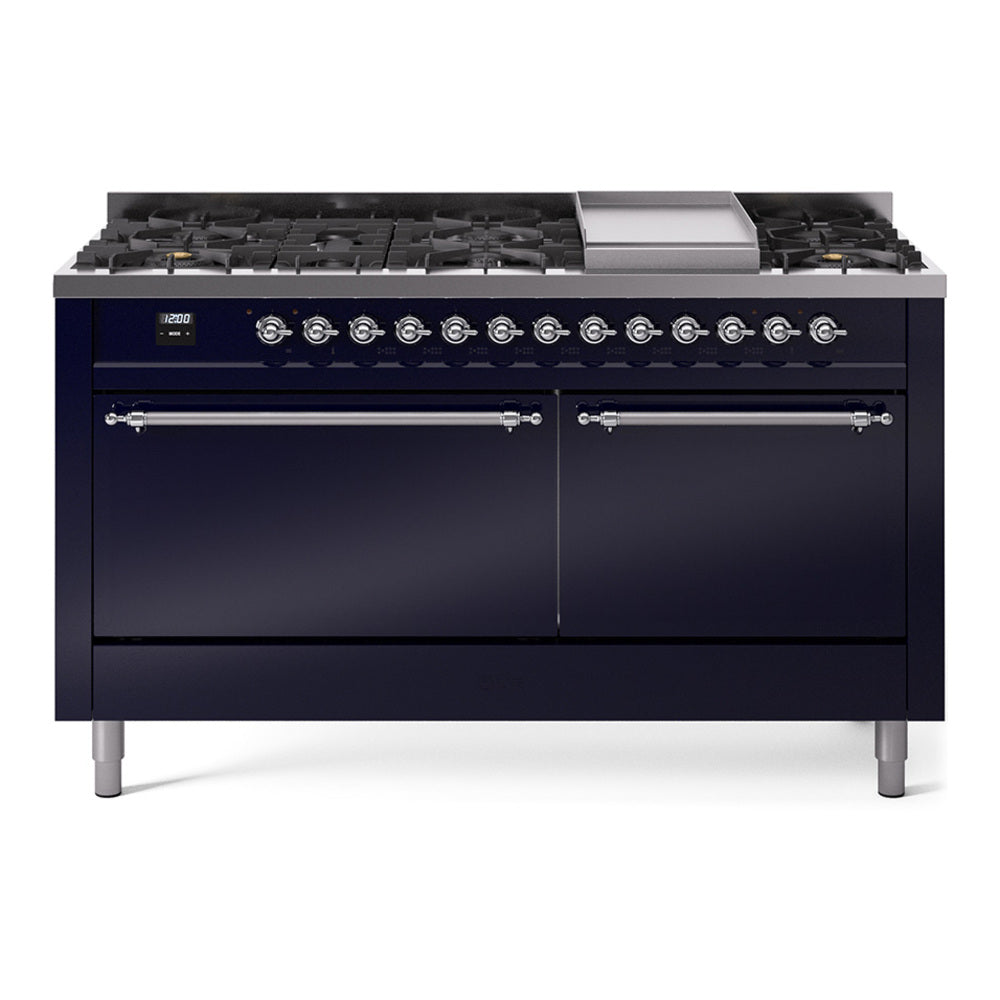 ILVE Nostalgie II 60" Dual Fuel Range with 9 Sealed Burners + Griddle Solid Door UP60FQNMP