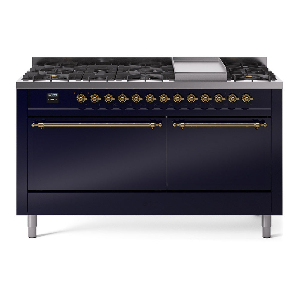 ILVE Nostalgie II 60" Dual Fuel Range with 9 Sealed Burners + Griddle Solid Door UP60FQNMP