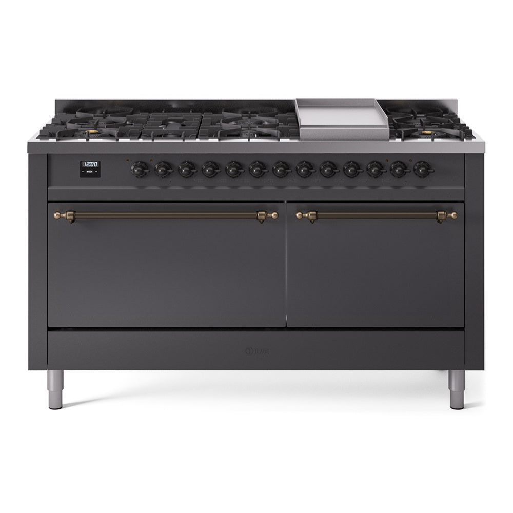 ILVE Nostalgie II 60" Dual Fuel Range with 9 Sealed Burners + Griddle Solid Door UP60FQNMP