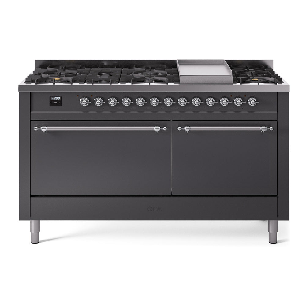 ILVE Nostalgie II 60" Dual Fuel Range with 9 Sealed Burners + Griddle Solid Door UP60FQNMP