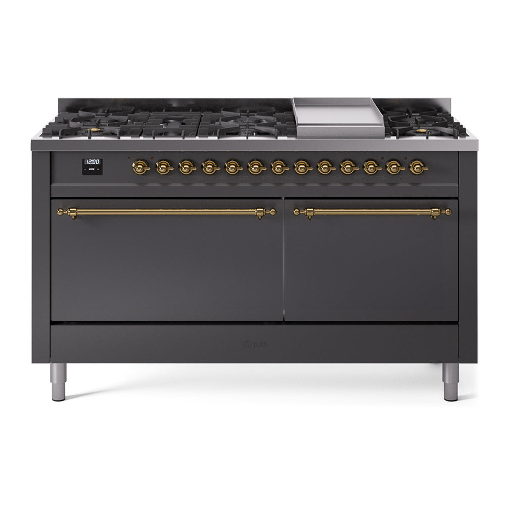 ILVE Nostalgie II 60" Dual Fuel Range with 9 Sealed Burners + Griddle Solid Door UP60FQNMP