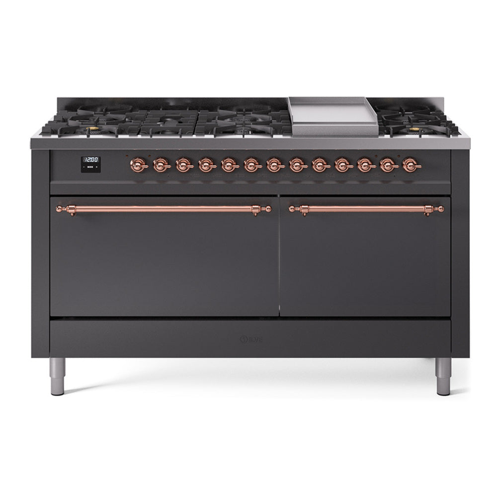 ILVE Nostalgie II 60" Dual Fuel Range with 9 Sealed Burners + Griddle Solid Door UP60FQNMP