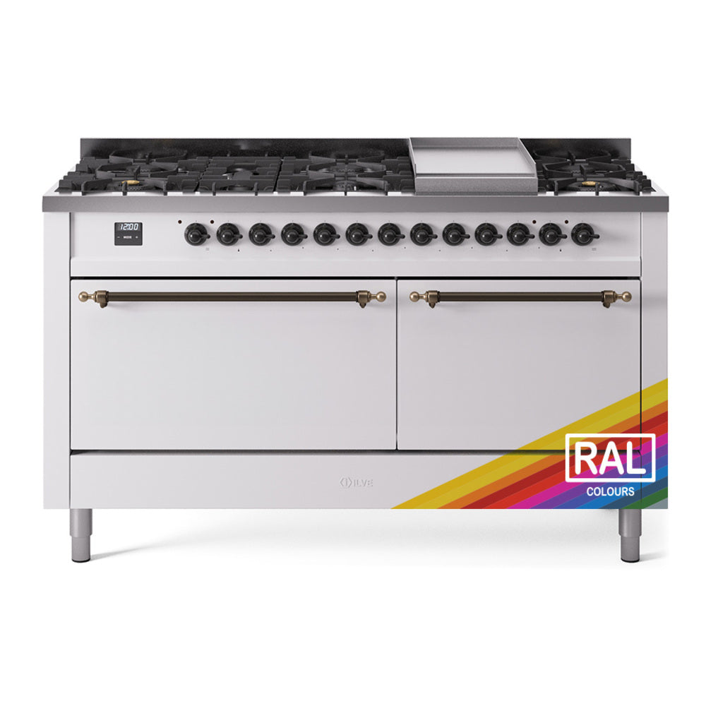 ILVE Nostalgie II 60" Dual Fuel Range with 9 Sealed Burners + Griddle Solid Door UP60FQNMP