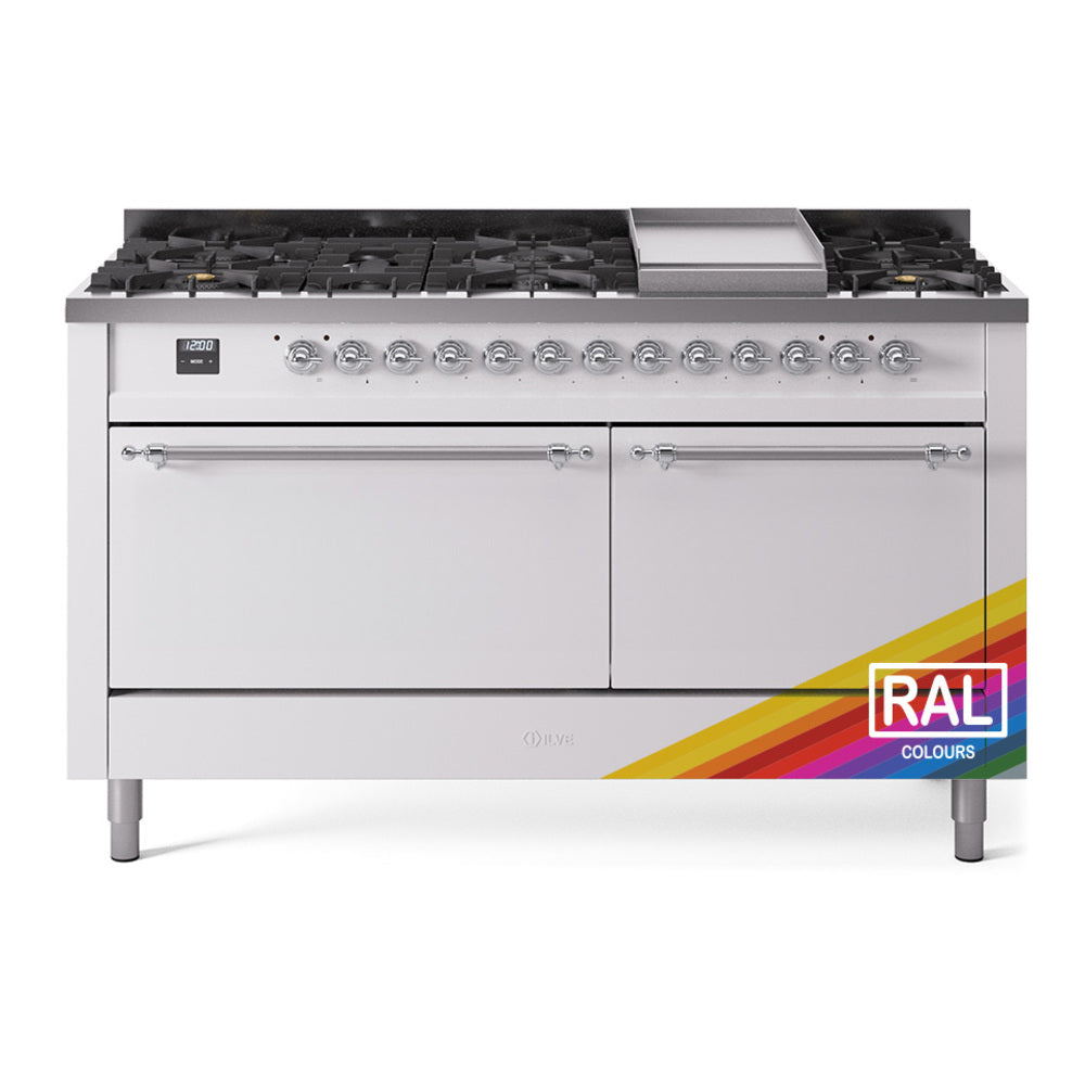 ILVE Nostalgie II 60" Dual Fuel Range with 9 Sealed Burners + Griddle Solid Door UP60FQNMP