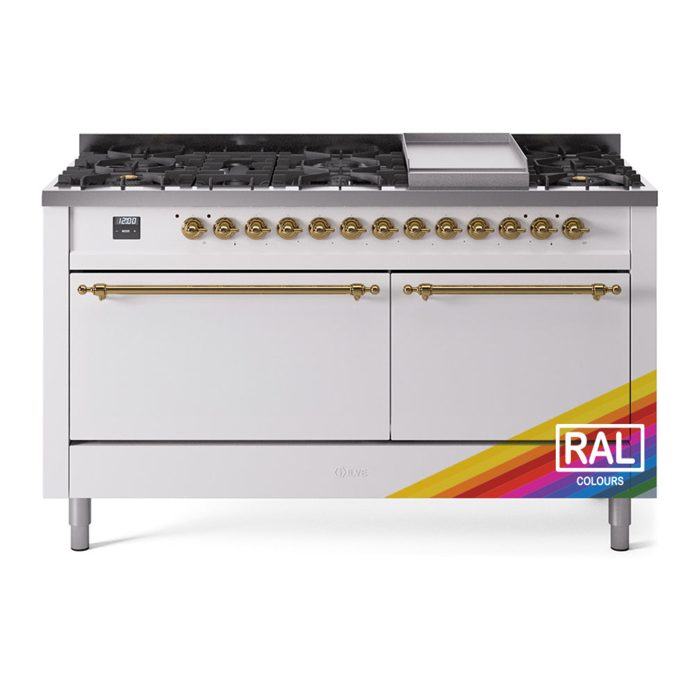ILVE Nostalgie II 60" Dual Fuel Range with 9 Sealed Burners + Griddle Solid Door UP60FQNMP
