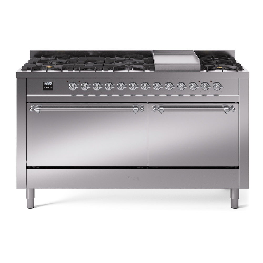 ILVE Nostalgie II 60" Dual Fuel Range with 9 Sealed Burners + Griddle Solid Door UP60FQNMP