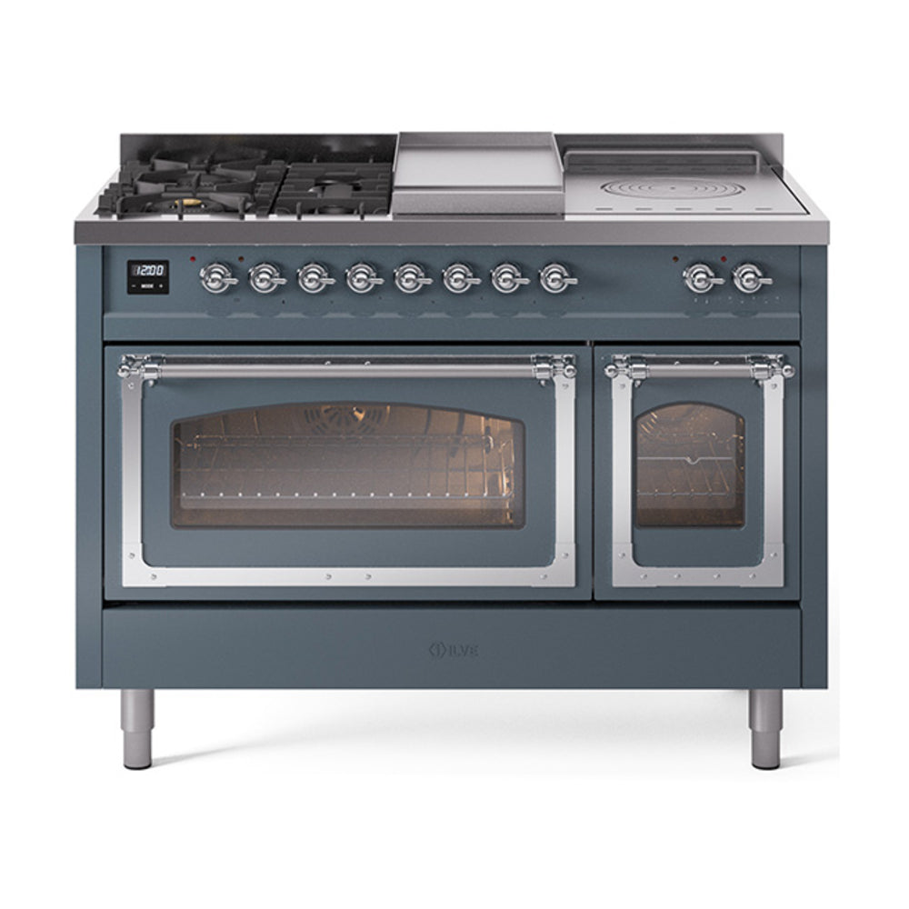 ILVE Nostalgie II Noblesse 48" Dual Fuel Freestanding Range 5 Sealed Burners + Griddle + French Top with Triple Glass Door UN48FSNMP