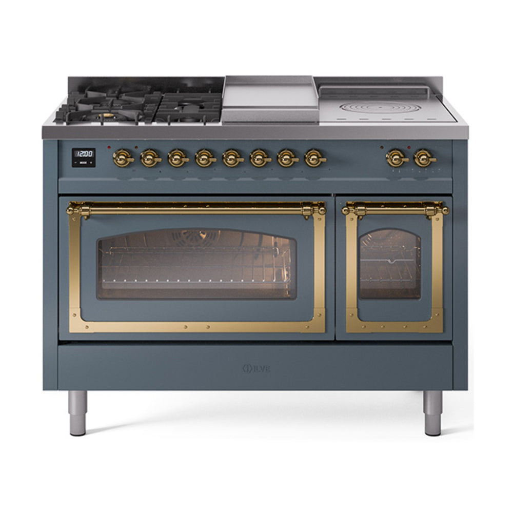 ILVE Nostalgie II Noblesse 48" Dual Fuel Freestanding Range 5 Sealed Burners + Griddle + French Top with Triple Glass Door UN48FSNMP
