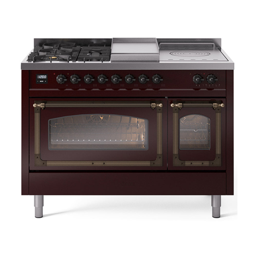ILVE Nostalgie II Noblesse 48" Dual Fuel Freestanding Range 5 Sealed Burners + Griddle + French Top with Triple Glass Door UN48FSNMP