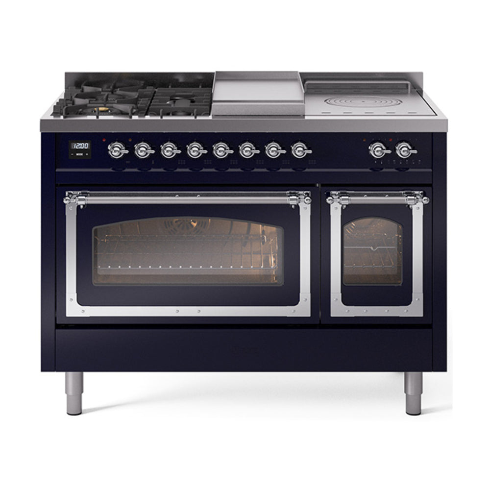 ILVE Nostalgie II Noblesse 48" Dual Fuel Freestanding Range 5 Sealed Burners + Griddle + French Top with Triple Glass Door UN48FSNMP