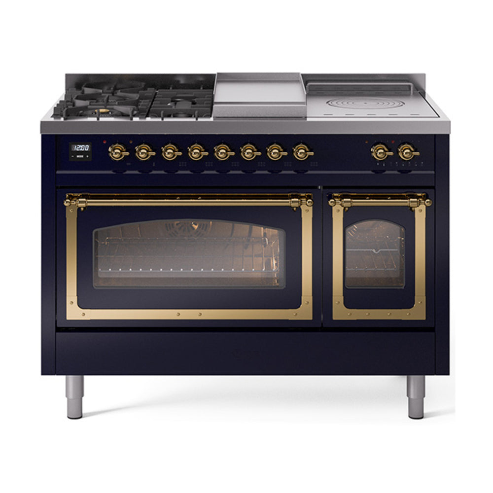 ILVE Nostalgie II Noblesse 48" Dual Fuel Freestanding Range 5 Sealed Burners + Griddle + French Top with Triple Glass Door UN48FSNMP