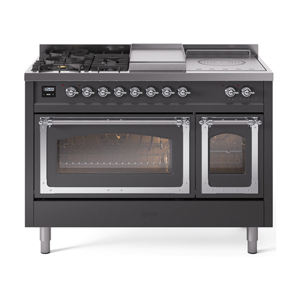 ILVE Nostalgie II Noblesse 48" Dual Fuel Freestanding Range 5 Sealed Burners + Griddle + French Top with Triple Glass Door UN48FSNMP
