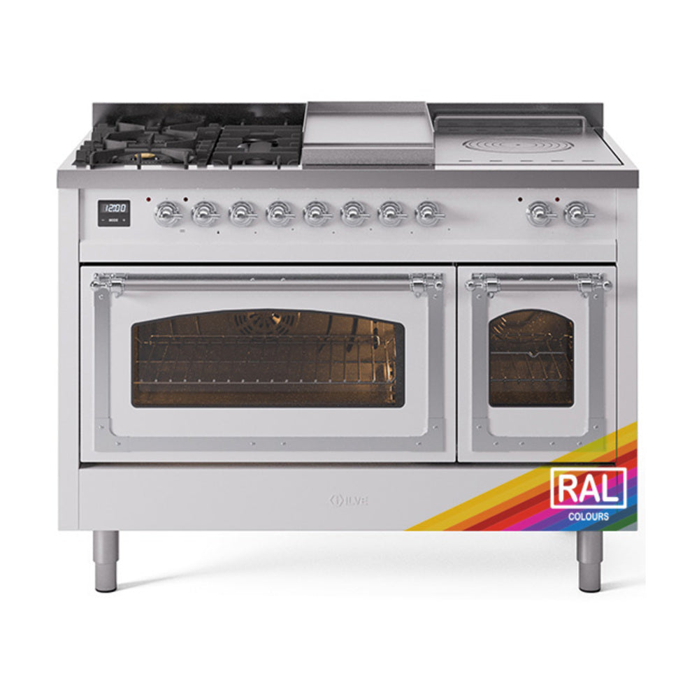 ILVE Nostalgie II Noblesse 48" Dual Fuel Freestanding Range 5 Sealed Burners + Griddle + French Top with Triple Glass Door UN48FSNMP