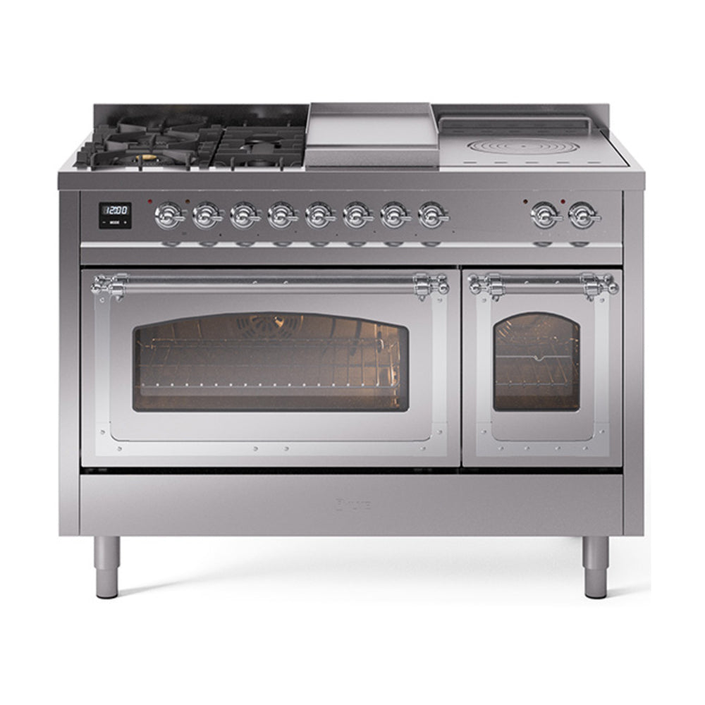 ILVE Nostalgie II Noblesse 48" Dual Fuel Freestanding Range 5 Sealed Burners + Griddle + French Top with Triple Glass Door UN48FSNMP