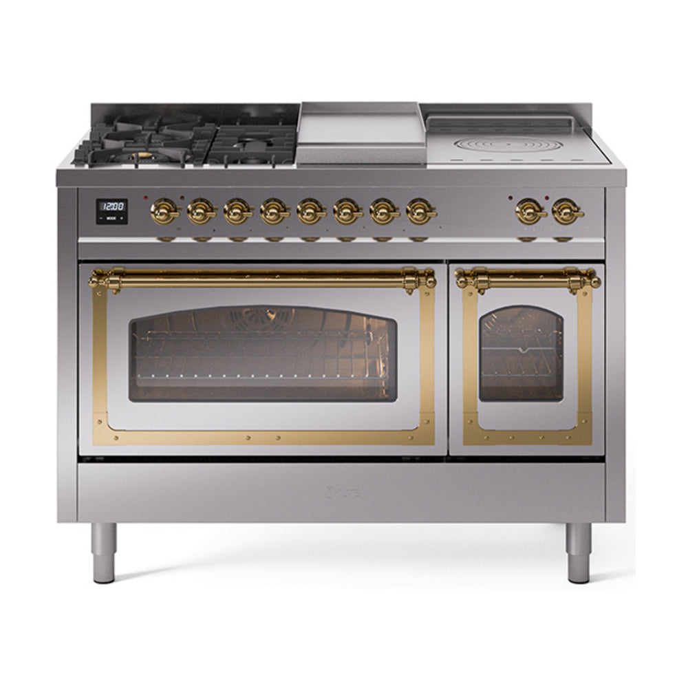 ILVE Nostalgie II Noblesse 48" Dual Fuel Freestanding Range 5 Sealed Burners + Griddle + French Top with Triple Glass Door UN48FSNMP