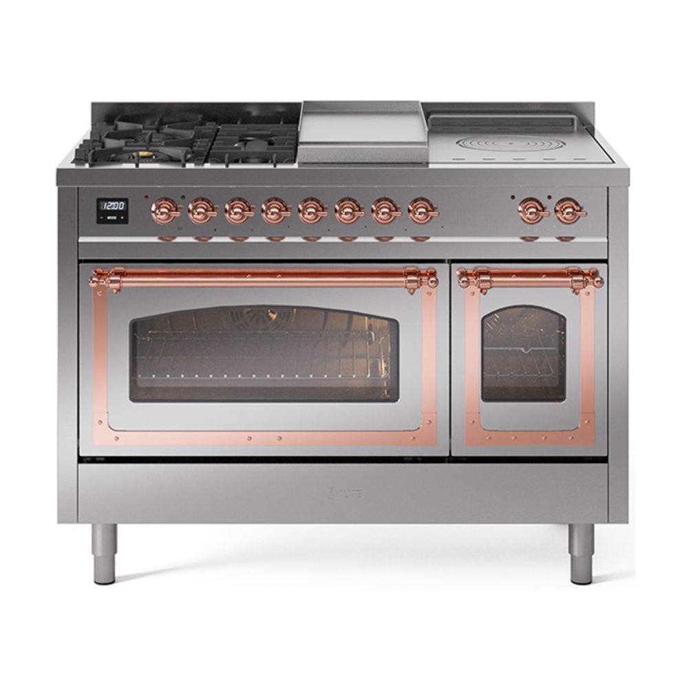 ILVE Nostalgie II Noblesse 48" Dual Fuel Freestanding Range 5 Sealed Burners + Griddle + French Top with Triple Glass Door UN48FSNMP
