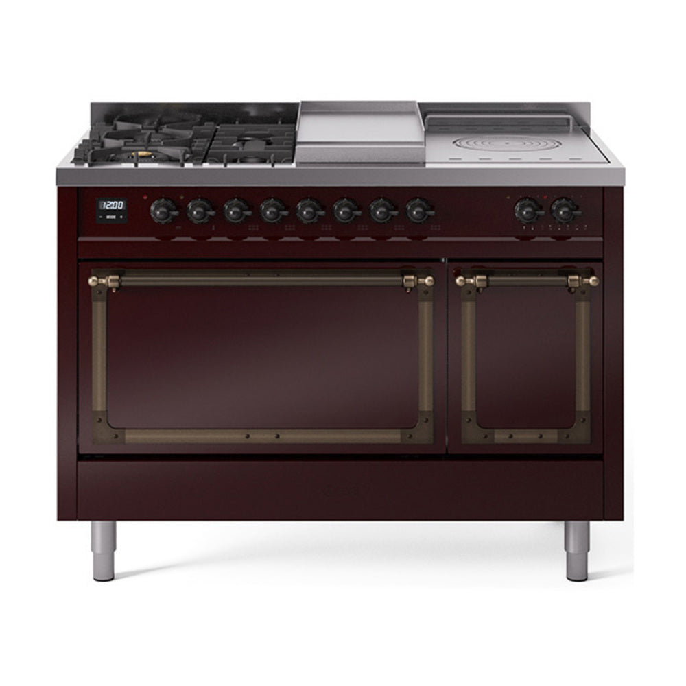 ILVE Nostalgie II Noblesse 48" Dual Fuel Freestanding Range 5 Sealed Burners + Griddle + French Top with Solid Door UN48FSQNMP