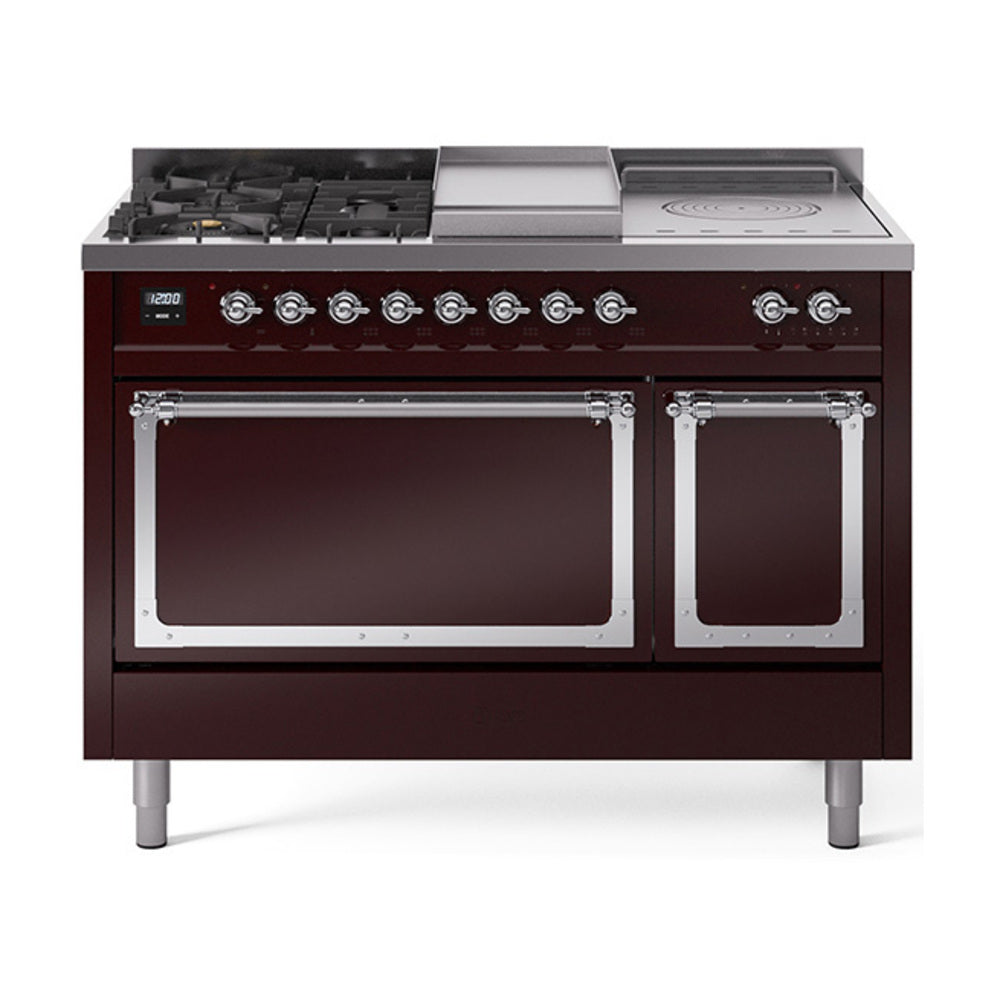 ILVE Nostalgie II Noblesse 48" Dual Fuel Freestanding Range 5 Sealed Burners + Griddle + French Top with Solid Door UN48FSQNMP