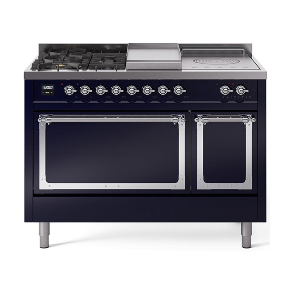 ILVE Nostalgie II Noblesse 48" Dual Fuel Freestanding Range 5 Sealed Burners + Griddle + French Top with Solid Door UN48FSQNMP
