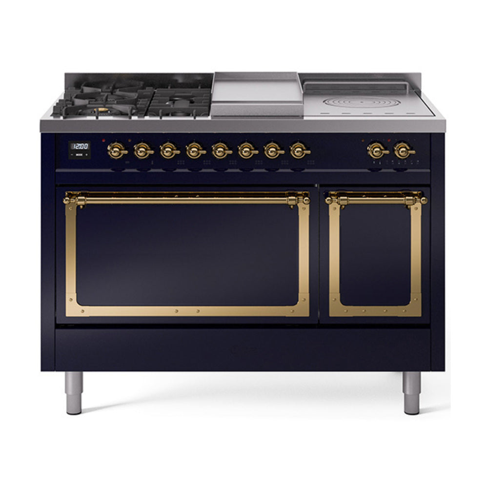 ILVE Nostalgie II Noblesse 48" Dual Fuel Freestanding Range 5 Sealed Burners + Griddle + French Top with Solid Door UN48FSQNMP