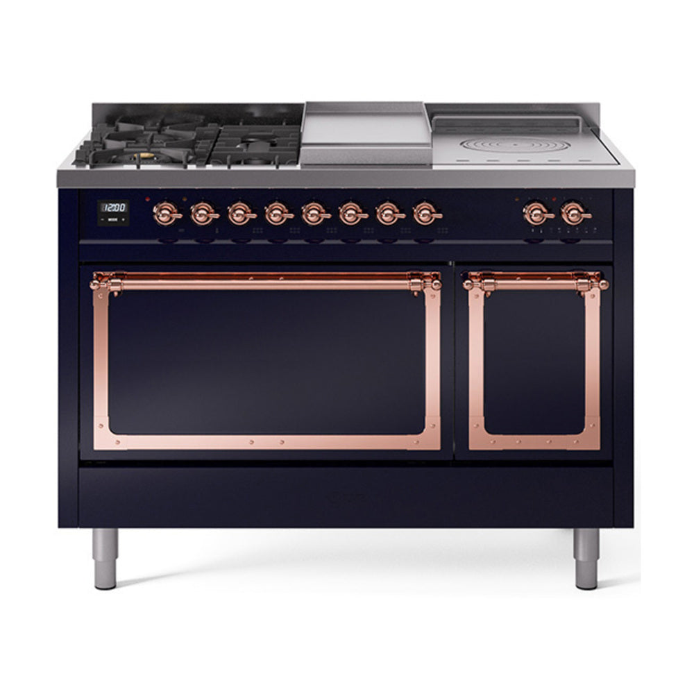 ILVE Nostalgie II Noblesse 48" Dual Fuel Freestanding Range 5 Sealed Burners + Griddle + French Top with Solid Door UN48FSQNMP