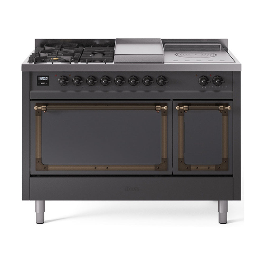 ILVE Nostalgie II Noblesse 48" Dual Fuel Freestanding Range 5 Sealed Burners + Griddle + French Top with Solid Door UN48FSQNMP