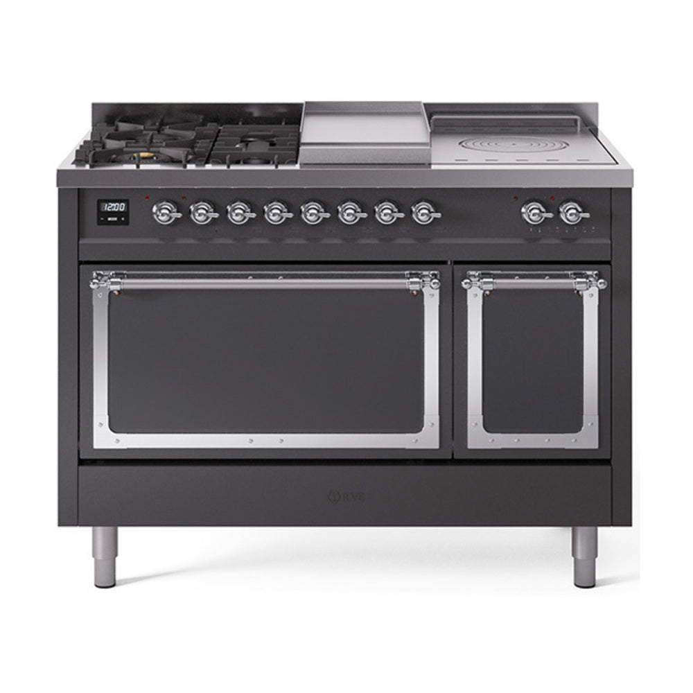 ILVE Nostalgie II Noblesse 48" Dual Fuel Freestanding Range 5 Sealed Burners + Griddle + French Top with Solid Door UN48FSQNMP