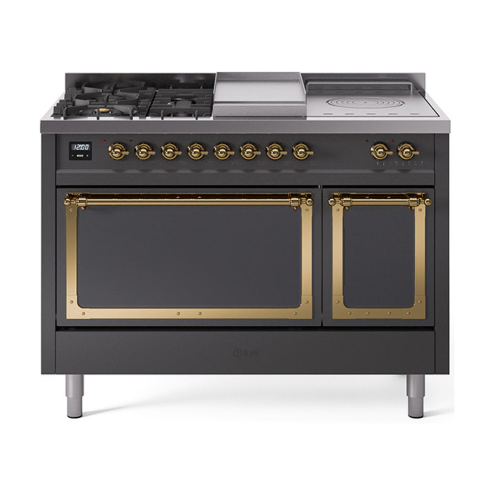 ILVE Nostalgie II Noblesse 48" Dual Fuel Freestanding Range 5 Sealed Burners + Griddle + French Top with Solid Door UN48FSQNMP