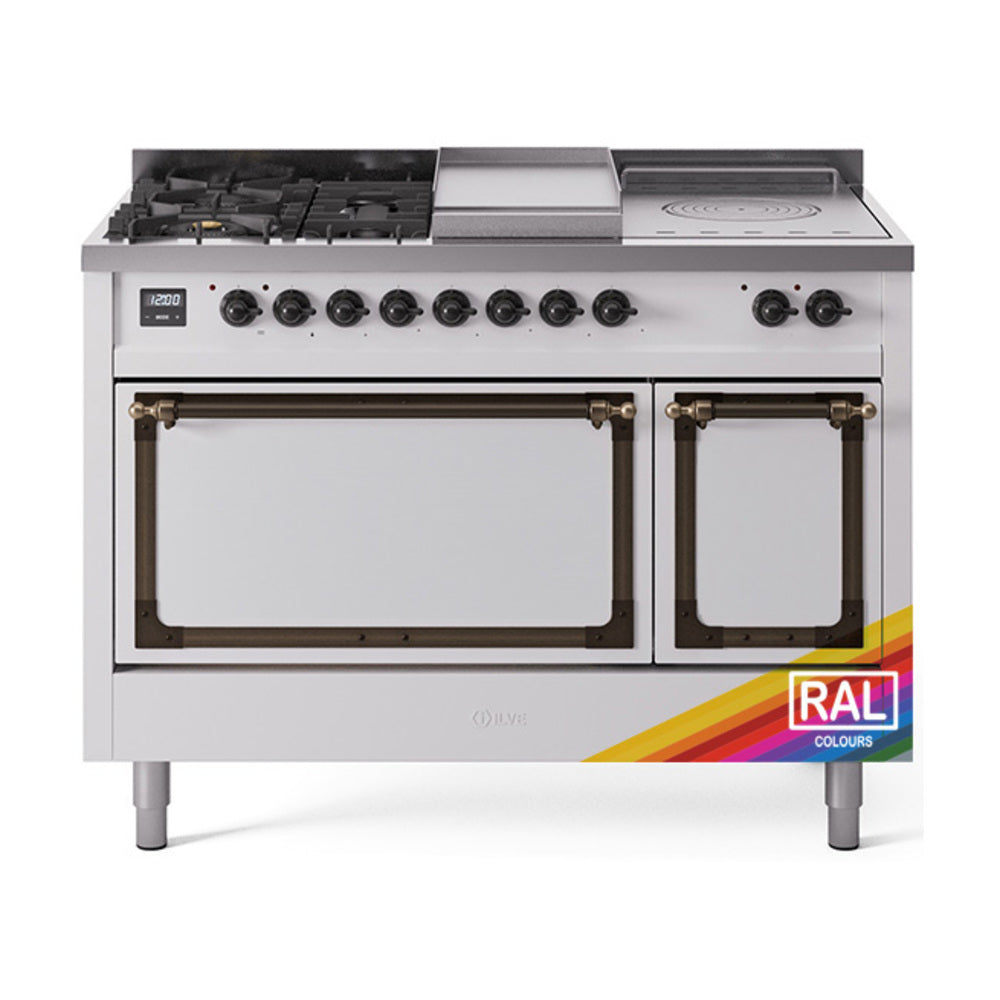 ILVE Nostalgie II Noblesse 48" Dual Fuel Freestanding Range 5 Sealed Burners + Griddle + French Top with Solid Door UN48FSQNMP