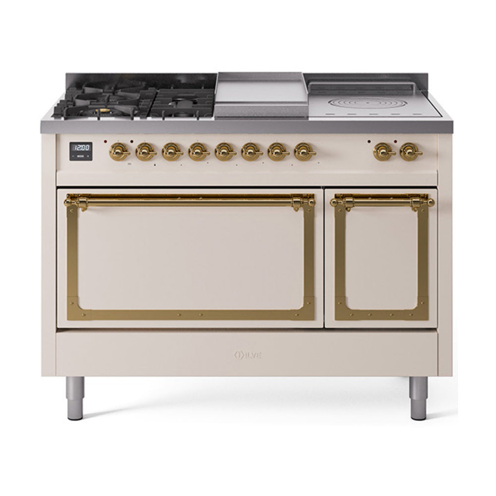 ILVE Nostalgie II Noblesse 48" Dual Fuel Freestanding Range 5 Sealed Burners + Griddle + French Top with Solid Door UN48FSQNMP
